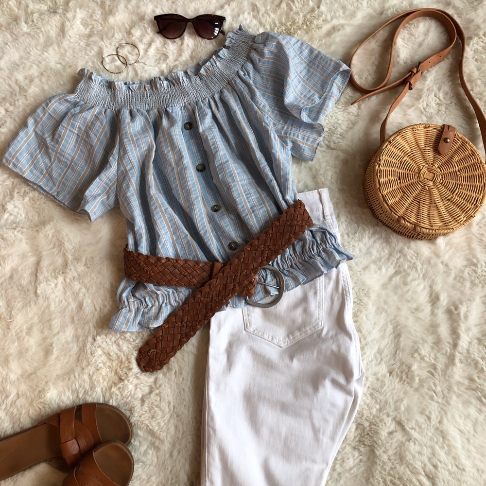 Off The Shoulder Peplum Striped Top w/ faux buttons